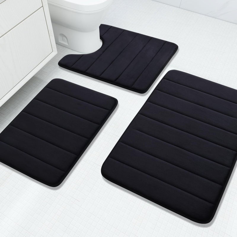 Buganda Memory Foam 3 Pieces Bathroom Rugs Set - Thick Soft Absorbent Non-Slip Bath Mats, Washable Small/Large/Contour Bath Rugs (24" x 16" + 30" x 20" + 24" x 20", Black) - Image 1